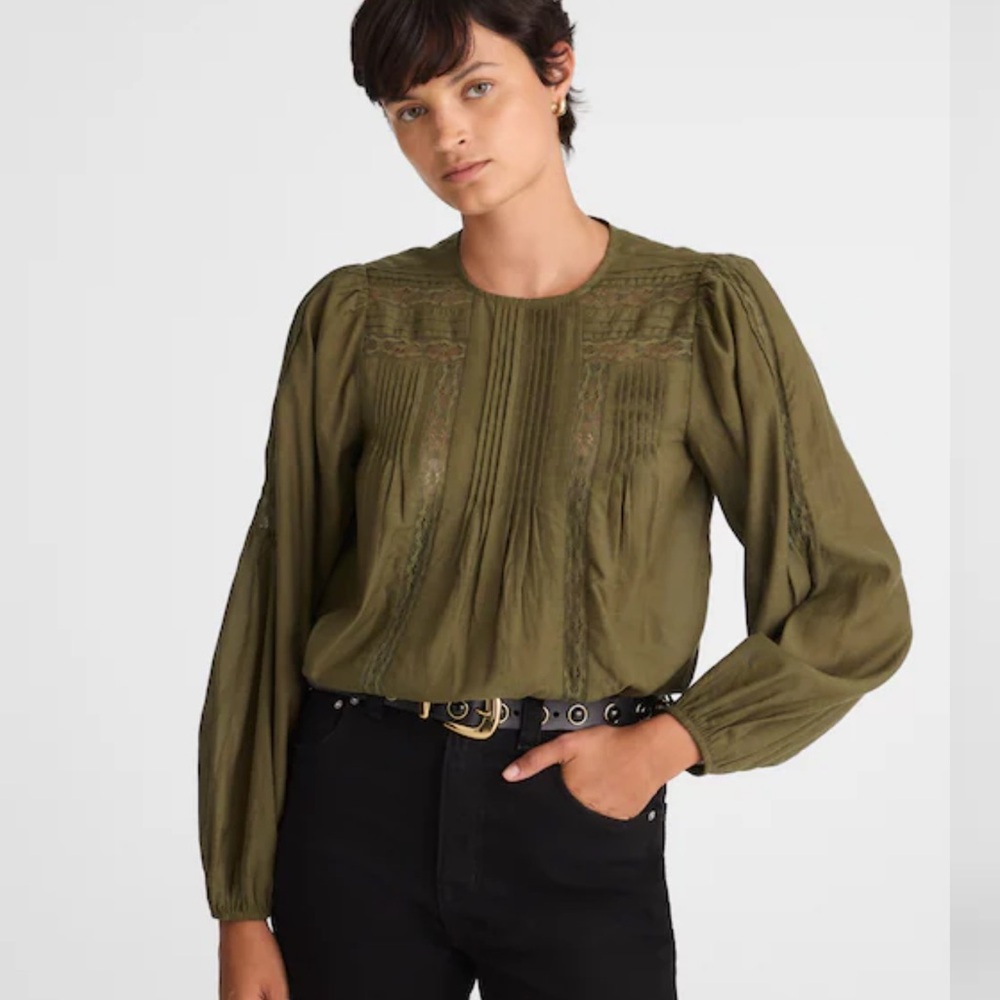 Madewell Lace-Insert Pintucked Long-Sleeve Top